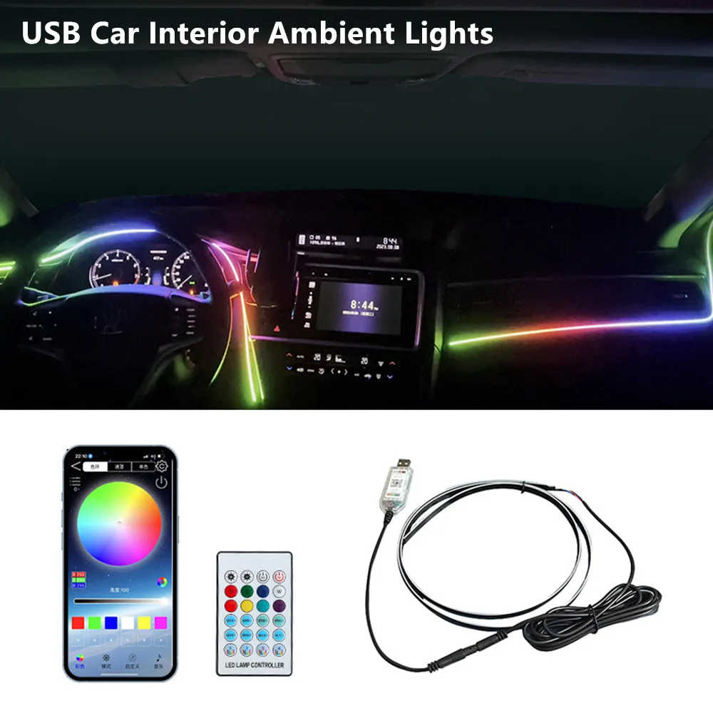 2 in 1 USB LED Ambient Lights Car Interior Atmosphere Lighting LED Strip 140cm Car Central Controls Ambient Light APP Music