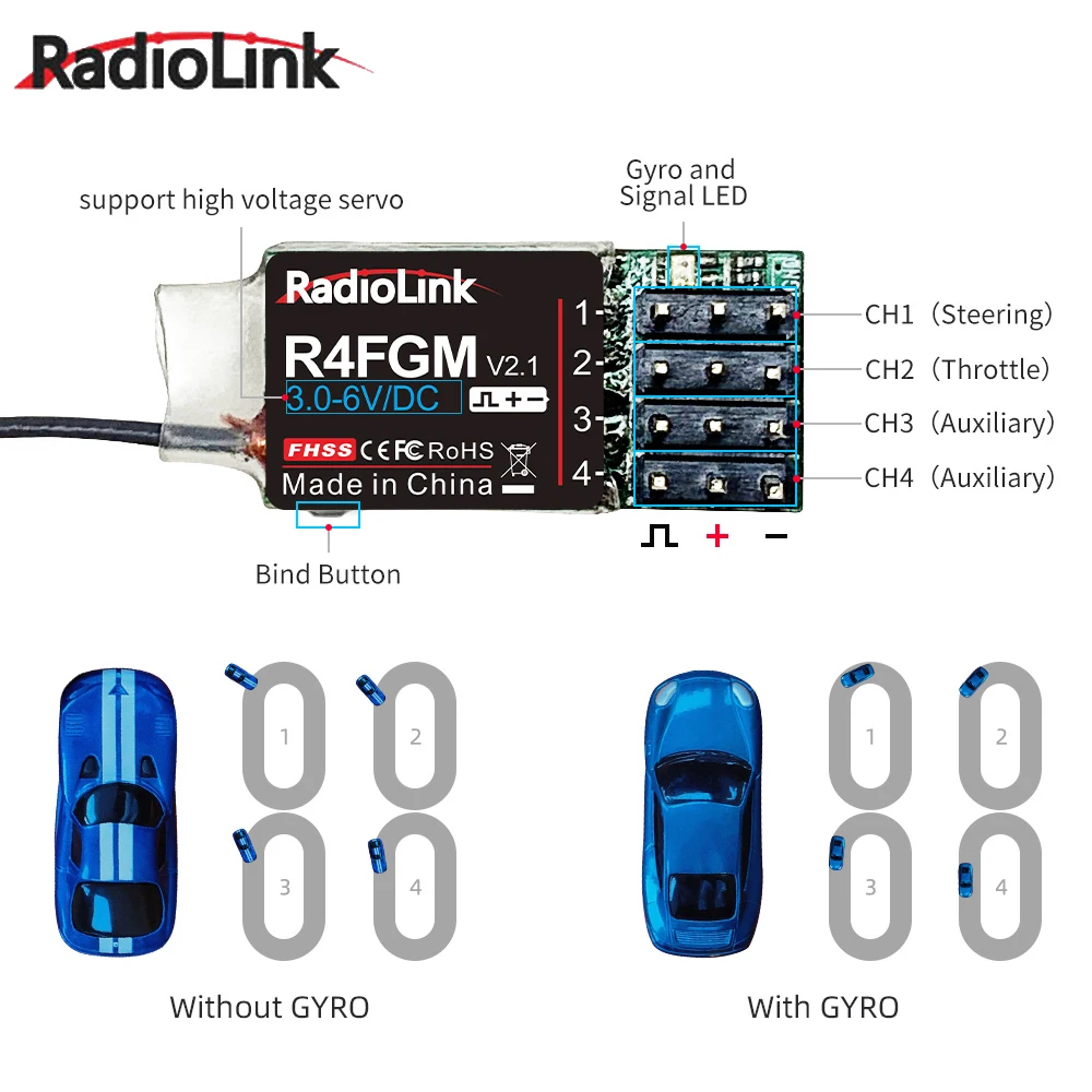 Radiolink R4F/ R4FGM (con giroscopio) ricevitore PWM 4CH 2.4Ghz gamma 400m compatibile RC6GS/ RC4GS/ FC8X/ T8S/ T8FB per barca per auto RC