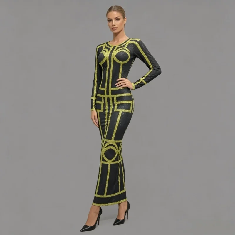 Green Crystal Long Sleeve Black Dress Party Prom Birthday Celebration Sexy Fashion Star Singer Host Stage Outfit One Piece Dress