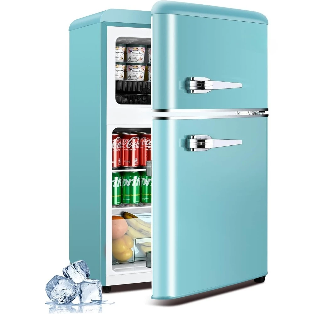 

3.2 Cu.Ft Retro Fridge with Freezer, Double Door Refrigerator with 7 Level Thermostat, Adjustable Removable Glass Shelves