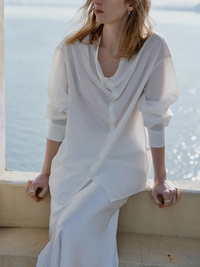 

Ele Satin Long Sve irt Loose Fit Lightweight Dry Tead Pleated Collar Breathable Summer Faion Women's Premium irt