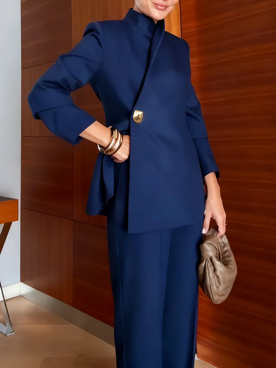 TWOTWINSTYLE الصلبة الحد الأدنى قطعتين مجموعات للنساء التلبيب طويلة الأكمام تقسم زر معدني السترة عالية الخصر مجموعة بناطيل رجالي الإناث #2