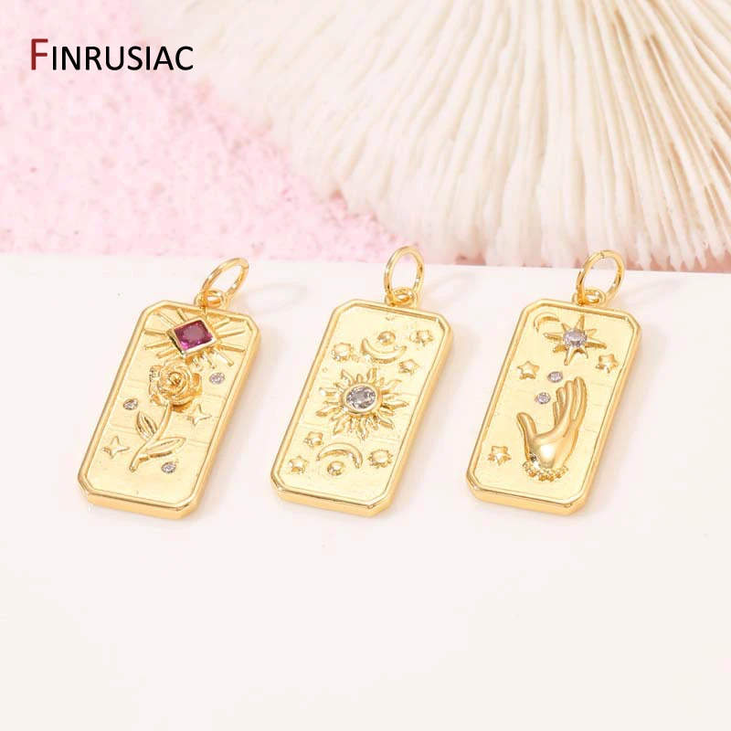 

14K Gold Plated Brass Rectangle Inlaid Zircon Flower Charms Pendants,Sun Moon Charms For DIY Jewelry Necklace Making Supplies