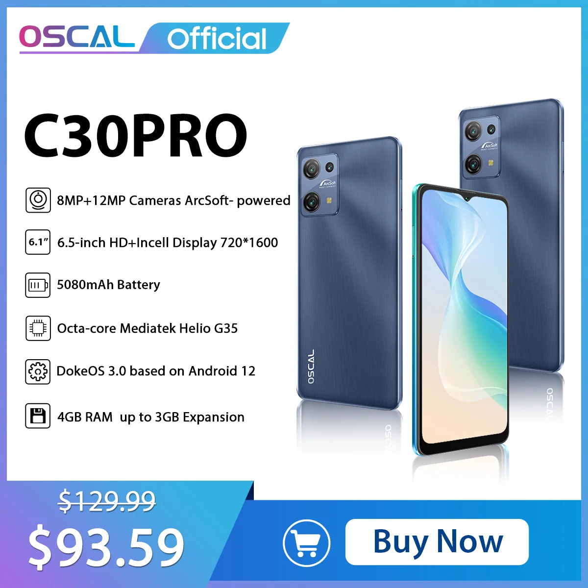 OSCAL C30 Pro Helio G35 4GB+64GB Smartphone 6.5 Inch Mobile Phone 5080mAh Battery Dual 4G Telephone Cellphone Android 12