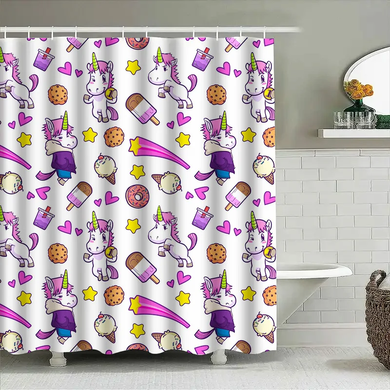 

Cute Unicorn Shower Curtain Home Decor Bathroom Fabric Waterproof Print Privacy Drape Set for Kids Bathrooms Pink Version (180x2