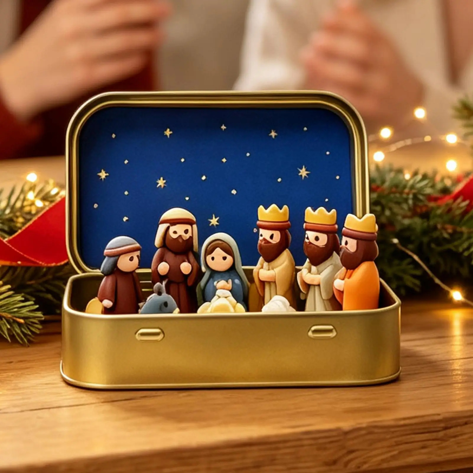 Mini Nativity in a Tin Box  Religious-themed miniature Nativity scene set Christmas Jesus Figures Plastic Mary Shepherd Animals