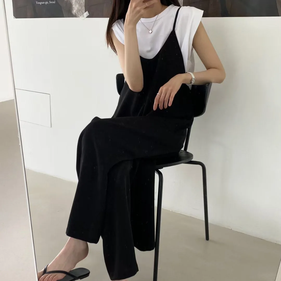 Versatile Loose Fit Slimming Shoulder Strap Pants Casual Pants Jumpsuit 2 Colors Drapey Comfortable Mid-aged Women's Pants