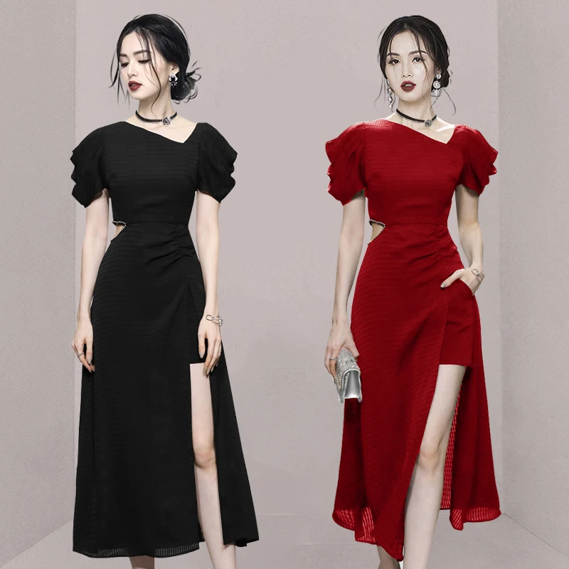 Imagem -03 - Hic Ashiashion Women Uummer Asuasual Symsimétrico Olollar Ile Ile Ile p Leleeves Pplit Ununway Designer Elegante Arty Arty Ress Ress 2023 ew ew ew