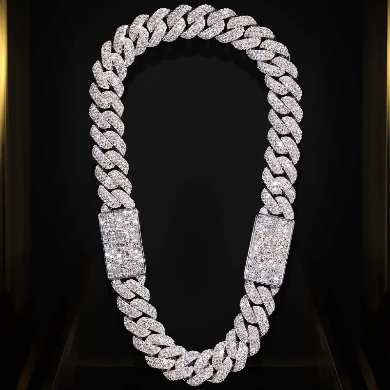 Dazzling Baguette Hiphop Iced Out 20MM VVS Moissanite Custom Clasp Necklaces 925 Sterling Silver Cuban Link Chain