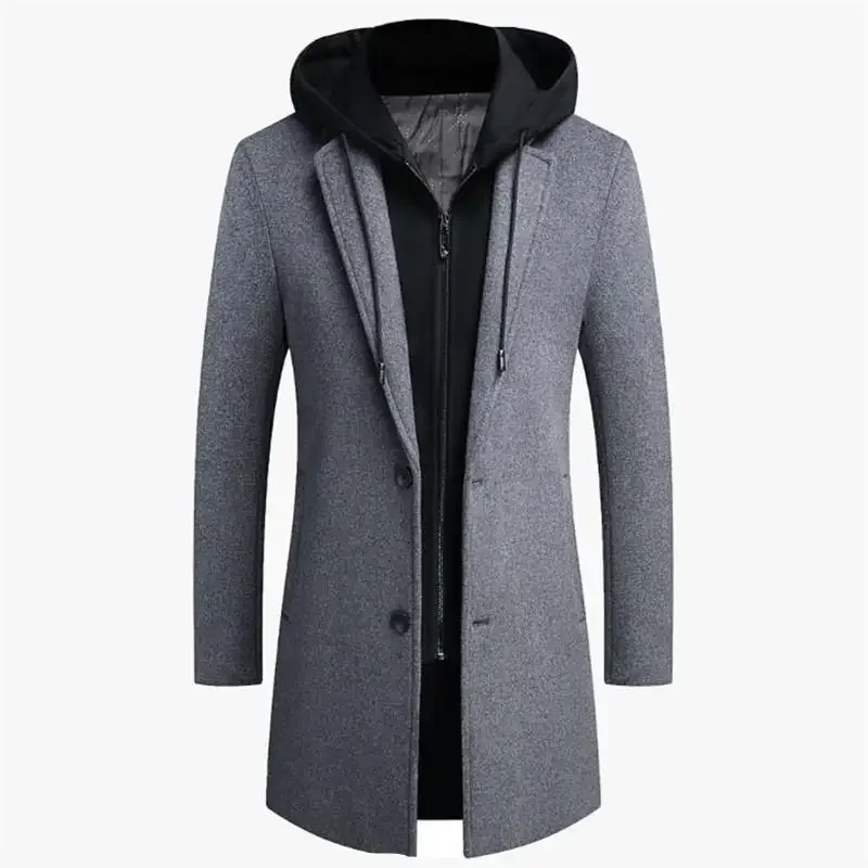 

Autumn Winter Men Hooded Wool Jacket Autumn Mens Long Windproof Wool Coat Casual Thick Slim Jacket Male Size M-5Xl 4 Colors