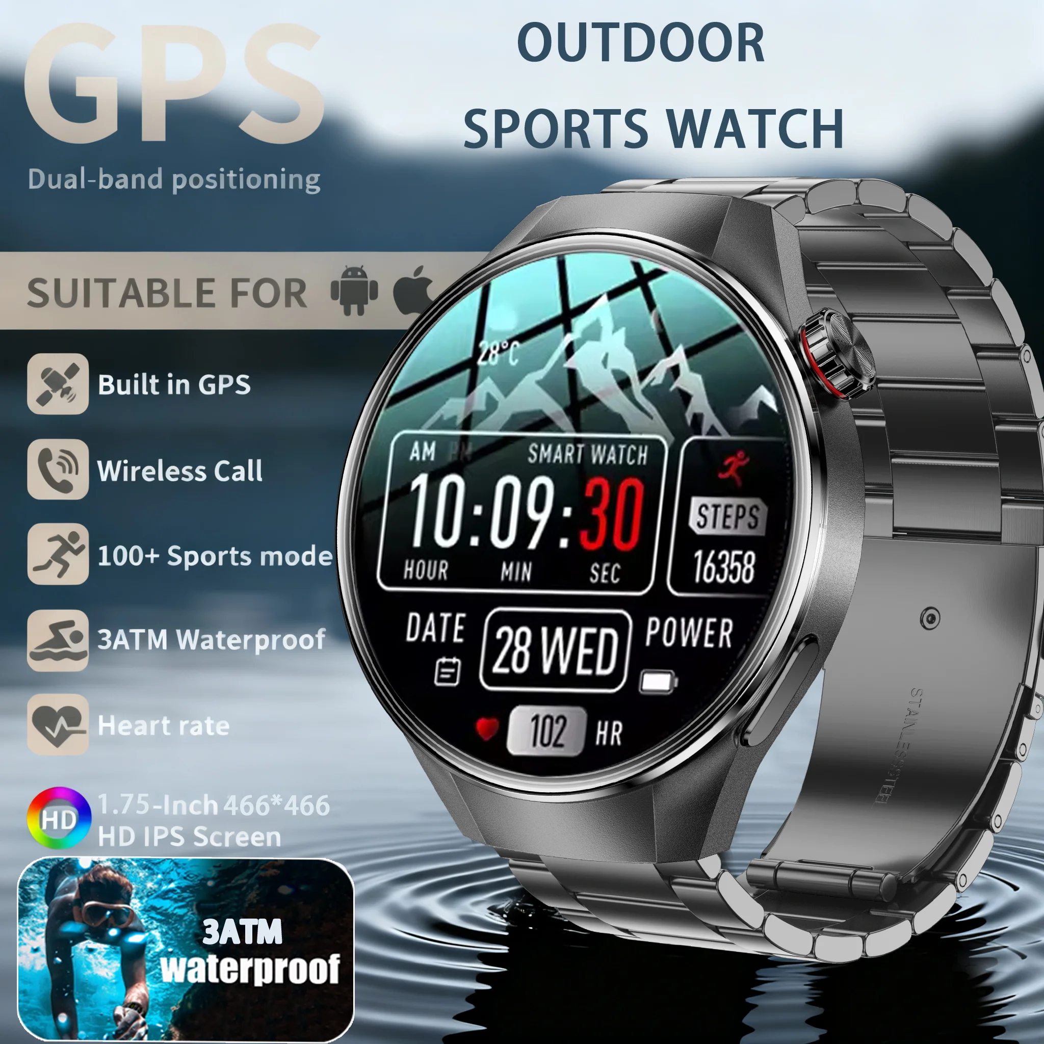 

2025 New Military Dual-Band GPS SmartWatch Compass 3ATM Waterproof Tactics Compass Altimeter 100+Sport BT call Smart Watch Men