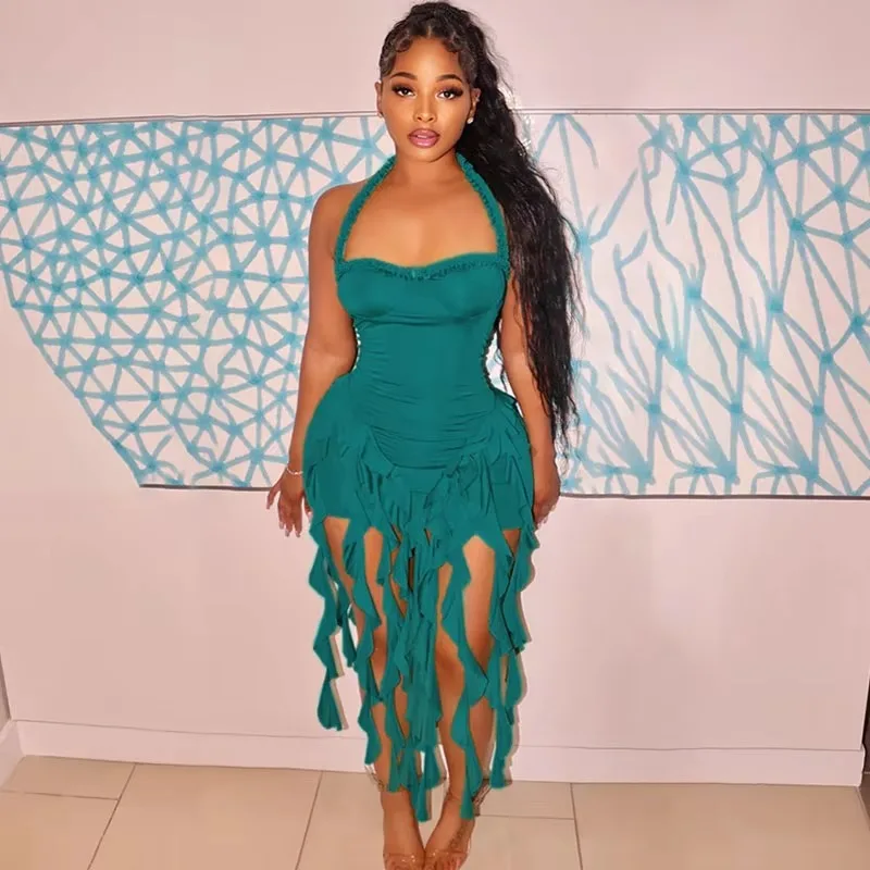 

Elegant Halter Backless Birthday Dress Woman Sexy Sleeveless Irregular Tassel Evening Prom Cocktail Nightclub Party Mini Dresses