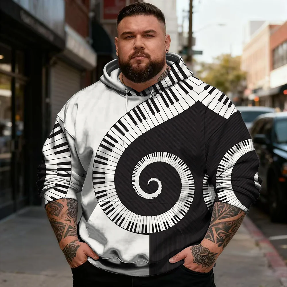 قماش متين، طقم هوديي رجالي بمقاس كبير S-9xl (قطعتان): لمسة موسيقية - دافئ مسامي، مطبوعات جرافيك غنائية رقيقة