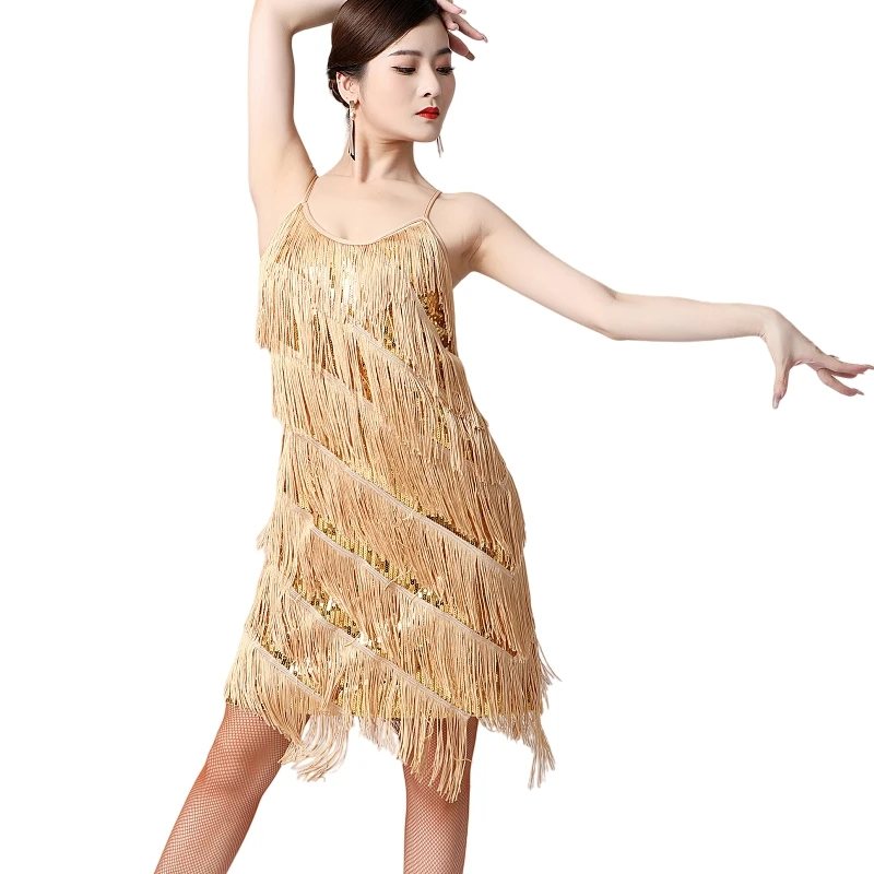 Women Salsa Latin Dance Dress Sequin Tassel Fringe Flapper Dress 1920s Gatsby Cocktail Dress Tango Ballroom Dancing Costume