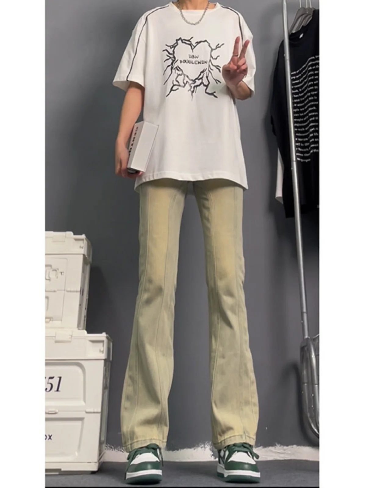 

American High Street Vibe Patchwork Yellow Mud Jeans Men's Straight Leg Pants Slimming Spring New Sle Wear Resistant