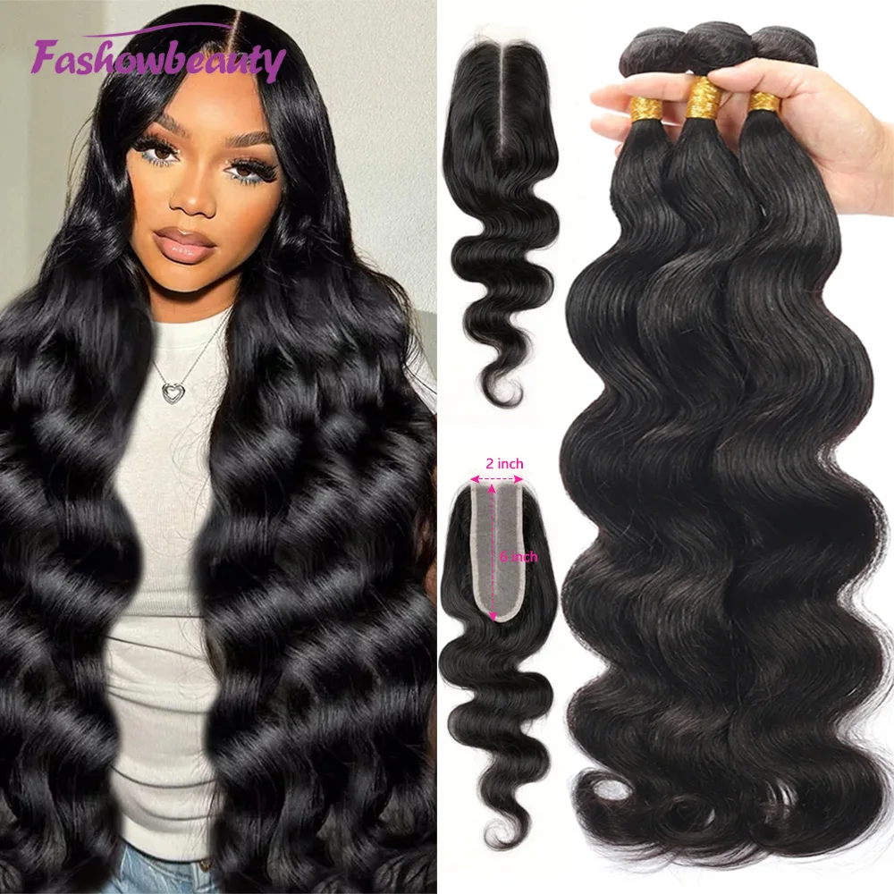 2X6 Middle Part Lace Closure With Bundles Body Wave Human Hair Extensions  Brazilian Raw Hair Bundles for Women  3 Day France