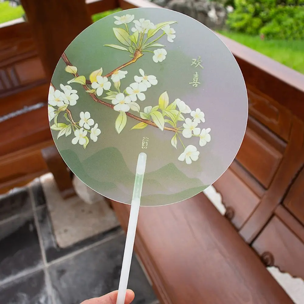 Frosted Fan Handle Ancient Long-handled Fan High-looking Color Printing Handheld Round Fan Translucent Anti-break