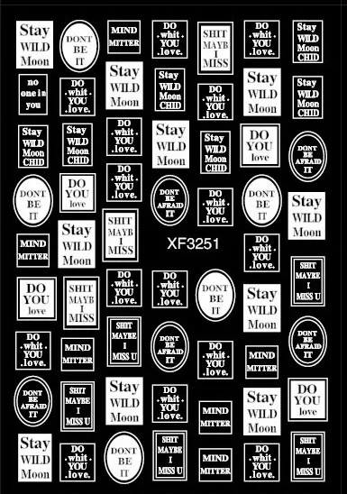 검은 흰색 문자 네일 아트 스티커 손톱 아트 장식을위한 추상 얼굴 라벨 슬라이더 DIY 단어 디자인 UV 젤 매력