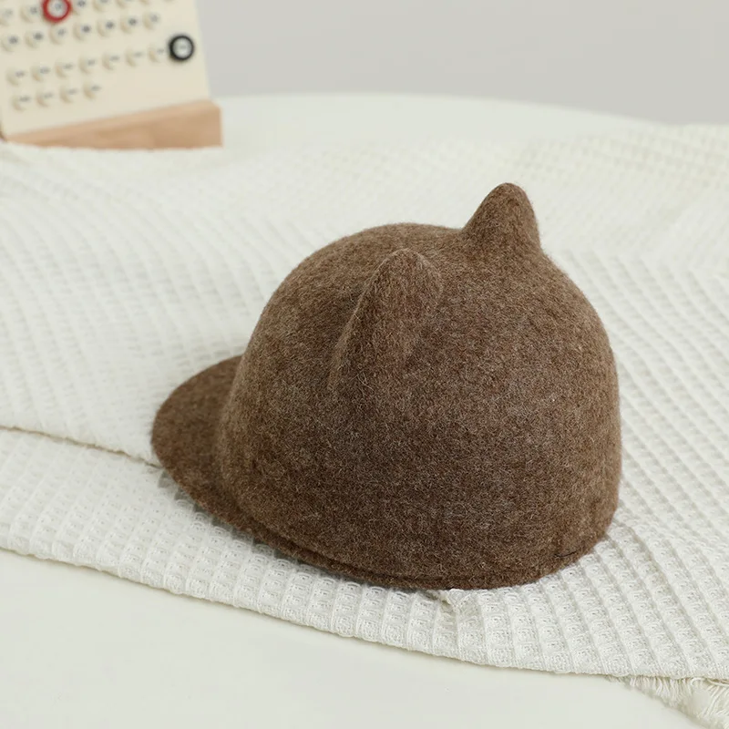 Winter Wool Felt Baby Hat Cute Cat Ears Toddler Boys Girls Equestrian Cap  Solid Color Warm Kids Duck Tongue Caps