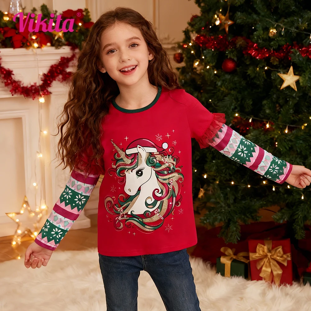 

VIKITA Girls Christmas Red Unicorn Flare Sleeve Tops Kids Festival Xmas New Year Holiday Cotton Casual T Shirt Gift Kids Clothes