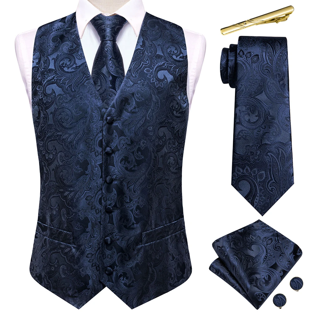 

Formal Navy Blue Silk Men Vest Paisley Jacquard Waistcoat Jacket Necktie Hanky Cufflinks Clip Wedding Business Party Gift Hi-Tie