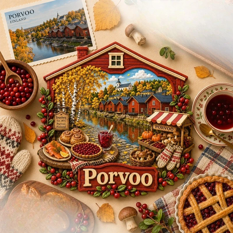 Porvoo Autumn Market Fridge Magnet - Cozy 3D Finnish Souvenir Unique Nordic Travel Gift for Rustic & Fall Decor