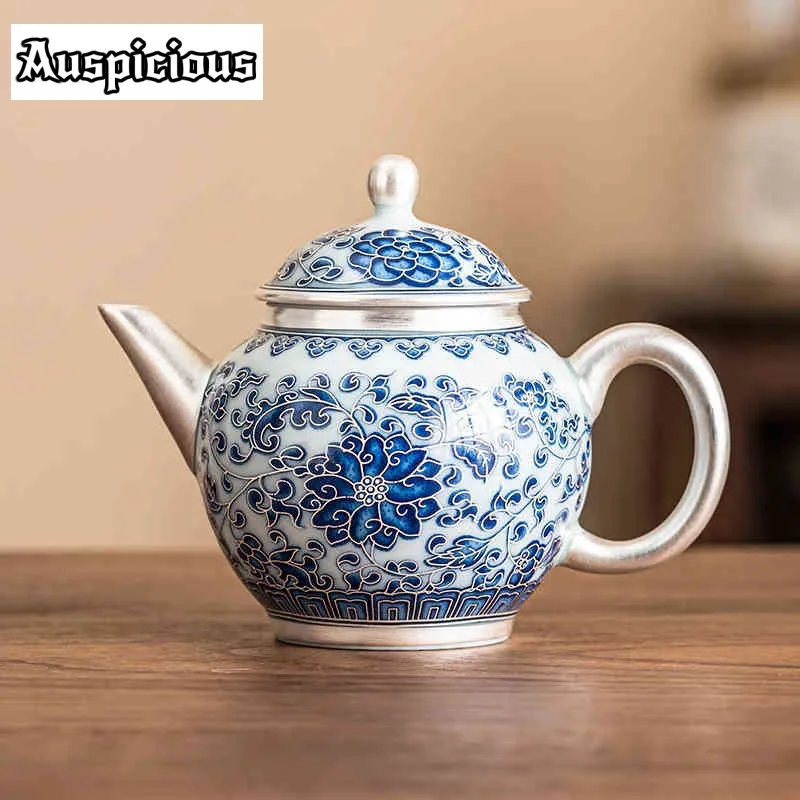 

150ml High End Silver Plated Ceramic Teapot Aesthetic Blue and White Dragon Pot Tea Brewing Kettle Tea Services Ornaments Gifts