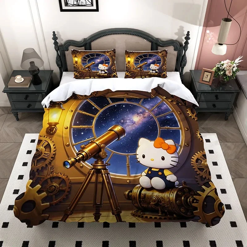 Hello Kitty 3 Piece Bedding Set, 3D Steampunk Telescope Galaxy Gear Microfiber Print Duvet Cover With 2 Pillowcases For Teen Gir