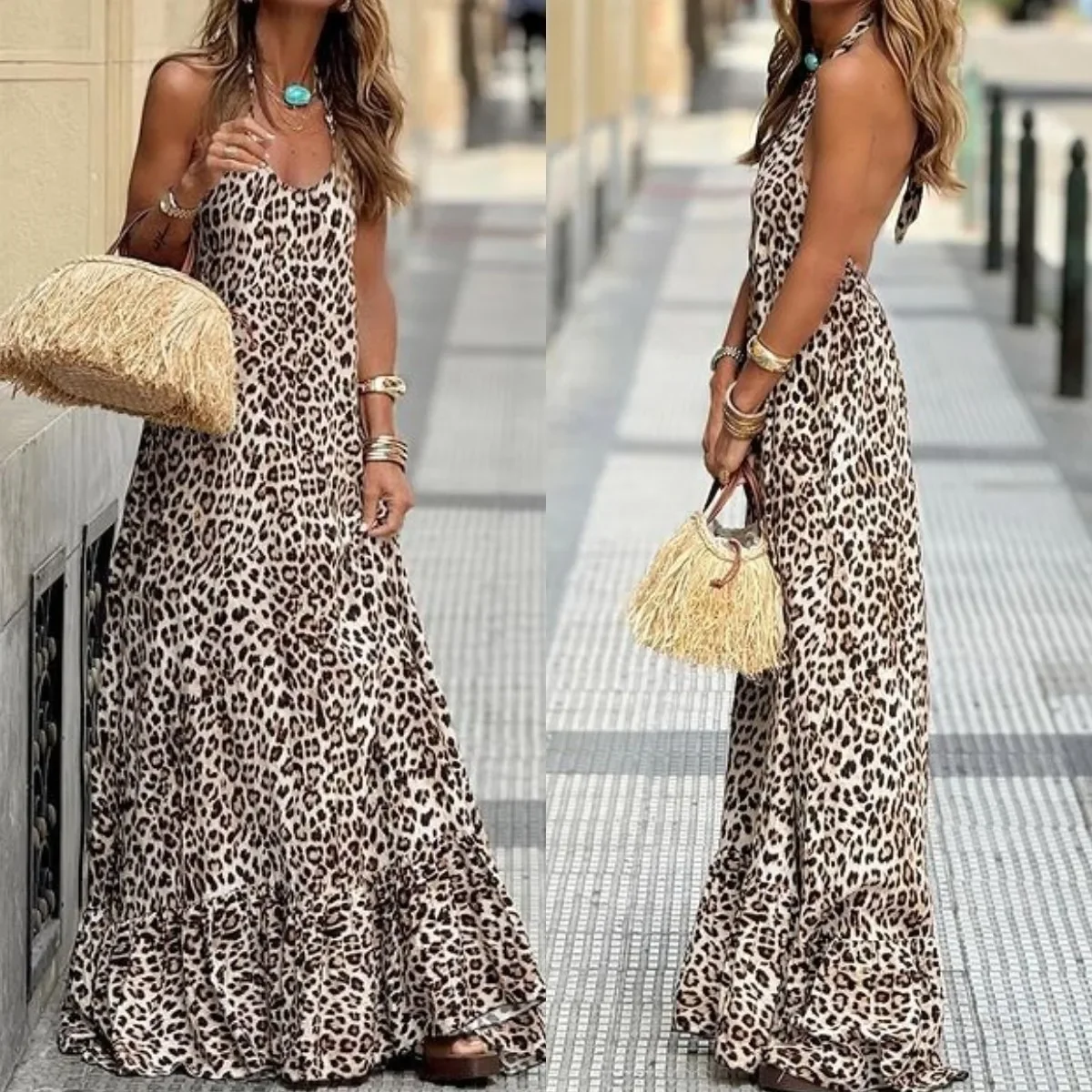 

Women Leopard Printed V-neck Halter Backless Sexy Strap Sleeveless Long Dress Floor Length Dress