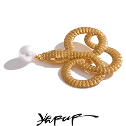 Yhpup Trendy Metal Snake Drop Pearl Brooches for Women 316L Stainless Steel Charm Chic Clothing Jewelry Gift Accessories New