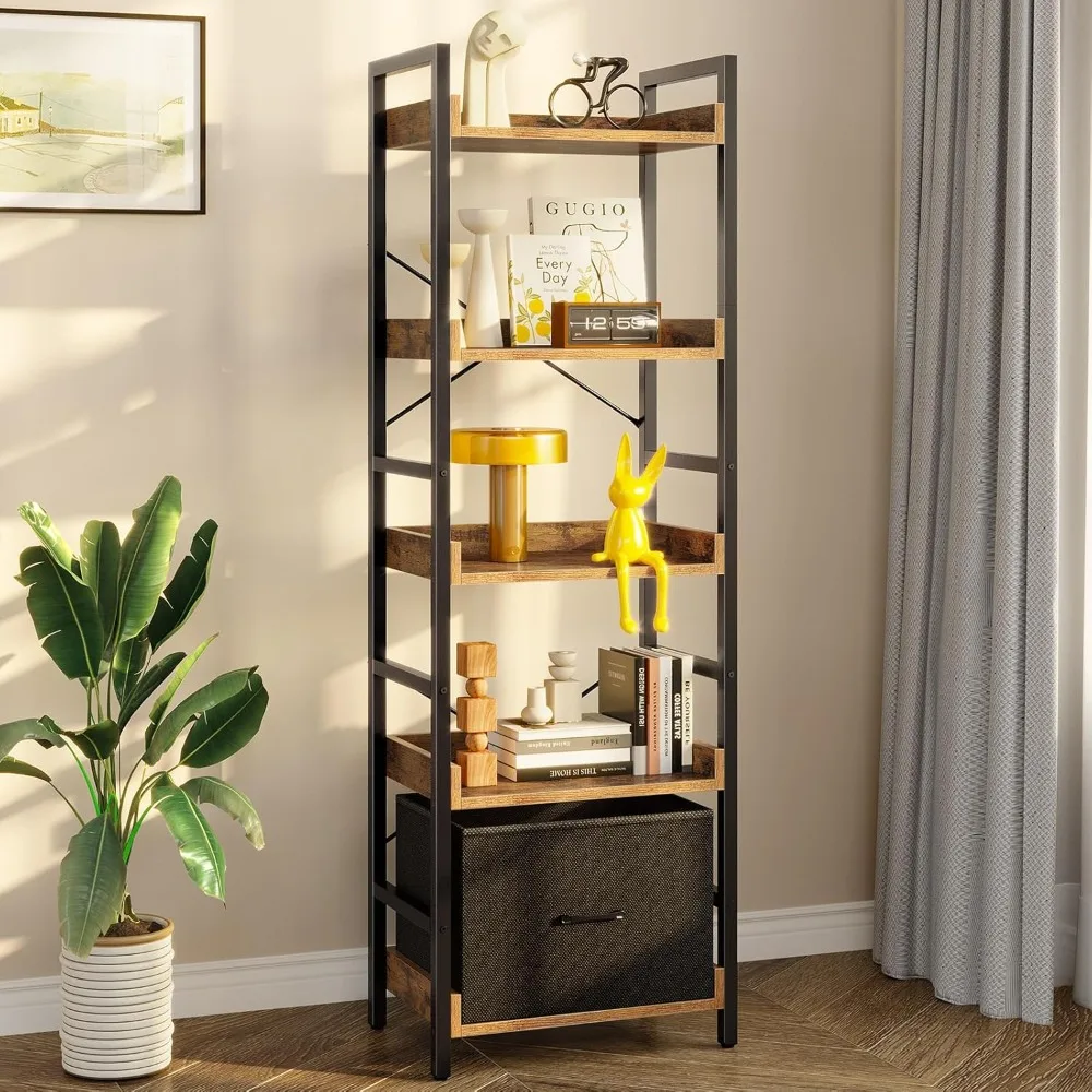 

Bookshelf 5 Tier with Removable Drawer, Tall Narrow Bookcase, Industrial Wooden Display Shelves for Bedroom, Living Room, Offic