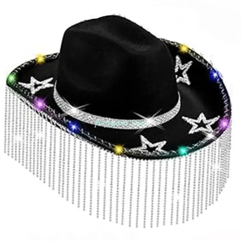 Y88A قبعة راعية البقر الكريستالية اللامعة، قبعة رعاة البقر اللامعة، شرابات للممثلة #3