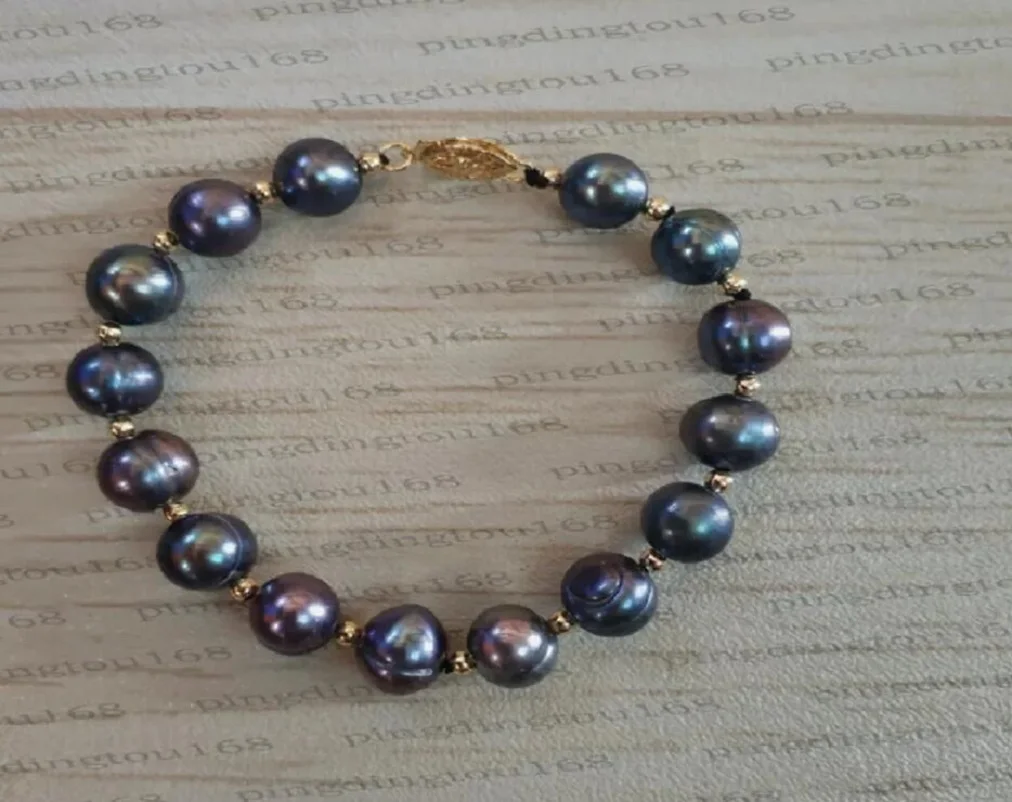 

Perfect 7.5-inch charming aaa 10-11mm natural South Baroque black pearl bracelet 14K.