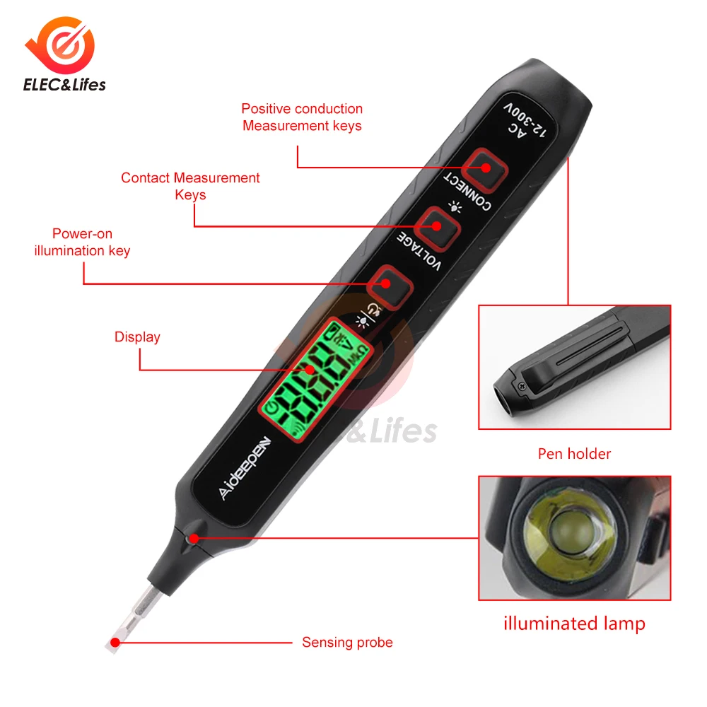 JL-01 AC 12-300V sensor cerdas, pena uji tegangan Digital Lcd multifungsi, pena uji Alarm warna ganda suara dan cahaya