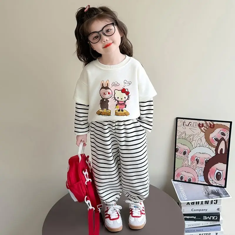 

Kawaii Hello Kitty Sanrio Student Cute Cartoon Long Sleeve Hoodie Comfortable Warm Sports Clothes Children Trousers for Kids