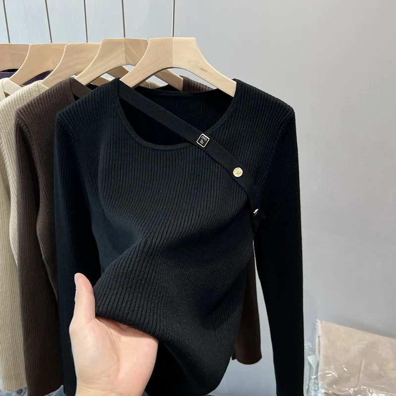 Irregular Button Round Neck Korean Sweater Women Fashion Long Sleeve Knitted Pullover Soft Solid Colors Knitwear Sueter Top Y2k