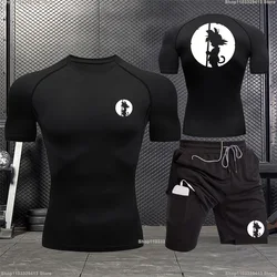 Men Sports Compression Clothing Two-piece Summer Casual Fitness Suit Short-sleeved T-shirt + Shorts Casual Sportswear Suit S-3XL