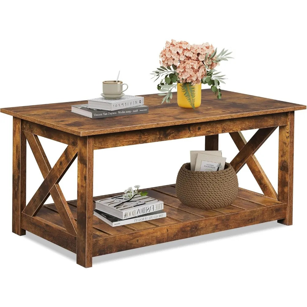 Mesa de centro, mesa de centro de granja 40.1 con estante de almacenamiento de láminas y marco en forma de X, mesa central de madera de 2 niveles para sala de estar