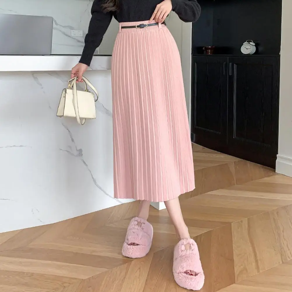 Solid Color Skirt Elegant High Waist Knitting Skirt for Women Solid Color Pleated Midi Skirt Autumn Winter Wear Fashion Piece