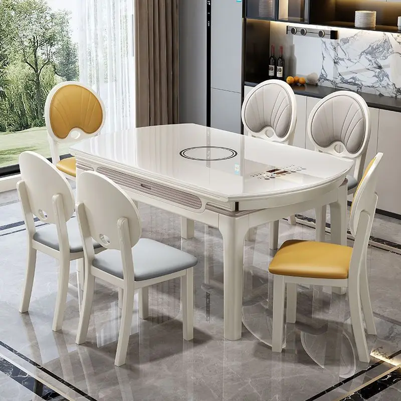 

Solid wood dining table, household light luxury, glass retractable folding, square and round dual-purpose dining table