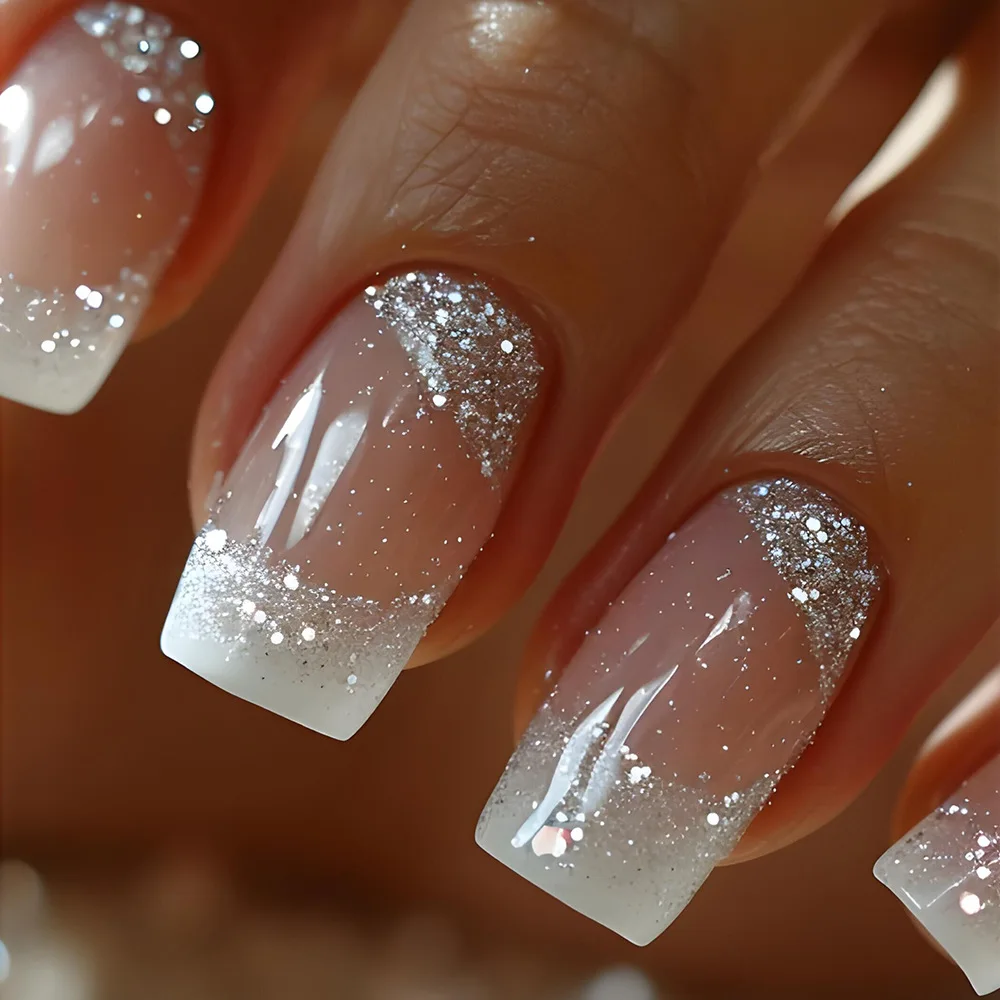 24 pçs quadrado francês capa completa unhas falsas com pó brilhante imprensa simples em unhas acrílicas doce legal bailarina dicas de unhas falsas