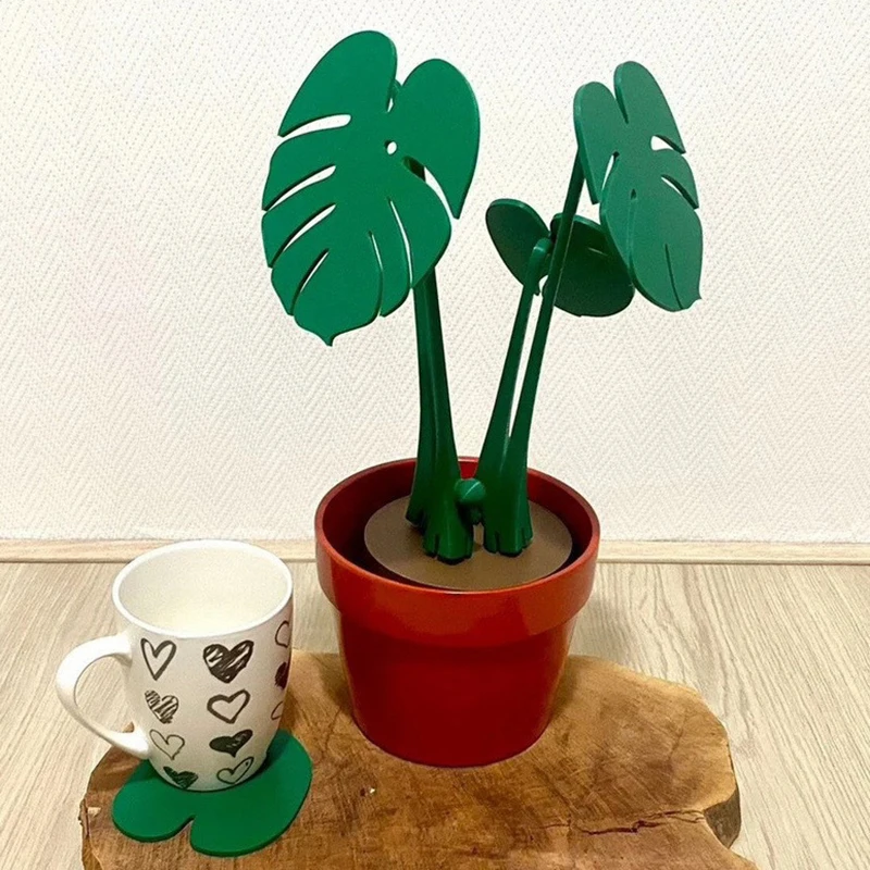 Monstera Coaster Plant Ornament Artificial Plant Built In Coaster Leaves Fake Heat Resistant Tropical Leaves Plant Coasters