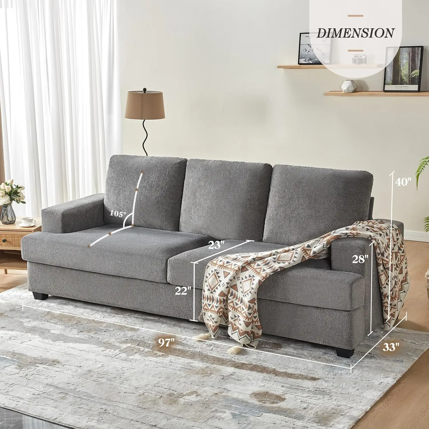 97 In Sofa, Deep Seat Couch With Square Armrest, 3 Seater Couch With Grey Chenille, Modern Sofa For Living Room, Apartment