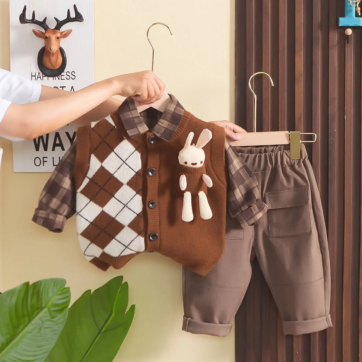 

Boys' Autumn Set New Style Children's Baby Western Knitted Vest Shirt Pants Casual Handsome 3-Piece Set 1 to 3 Years 5