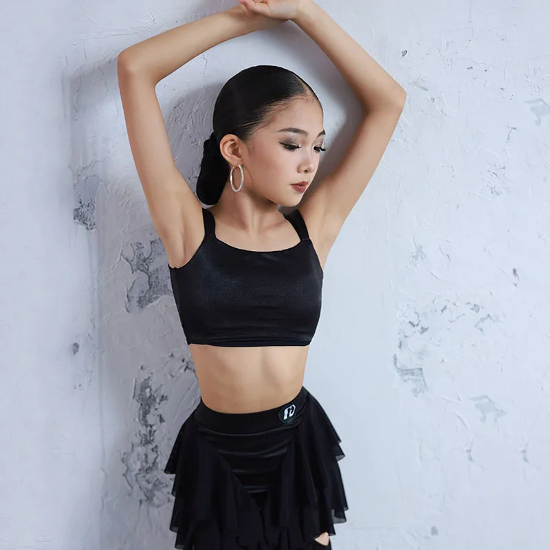 Sommer Latin Dance Kleidung Kind Cha Cha Rumba Leistung Tragen Mädchen Schwarz Tanz Anzug Training Outfit Praxis Top Rock Set 2429
