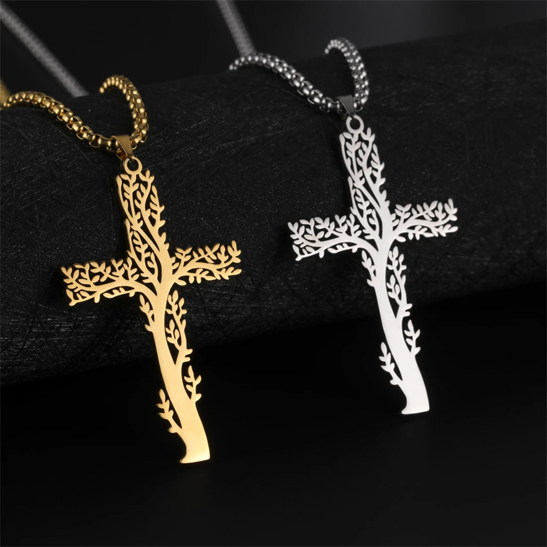 EUEAVAN Stainless Steel Cross Pendant Necklace Fashion Hollow Tree of Life Necklaces Box Chain Amulet Jewelry Couple Gift