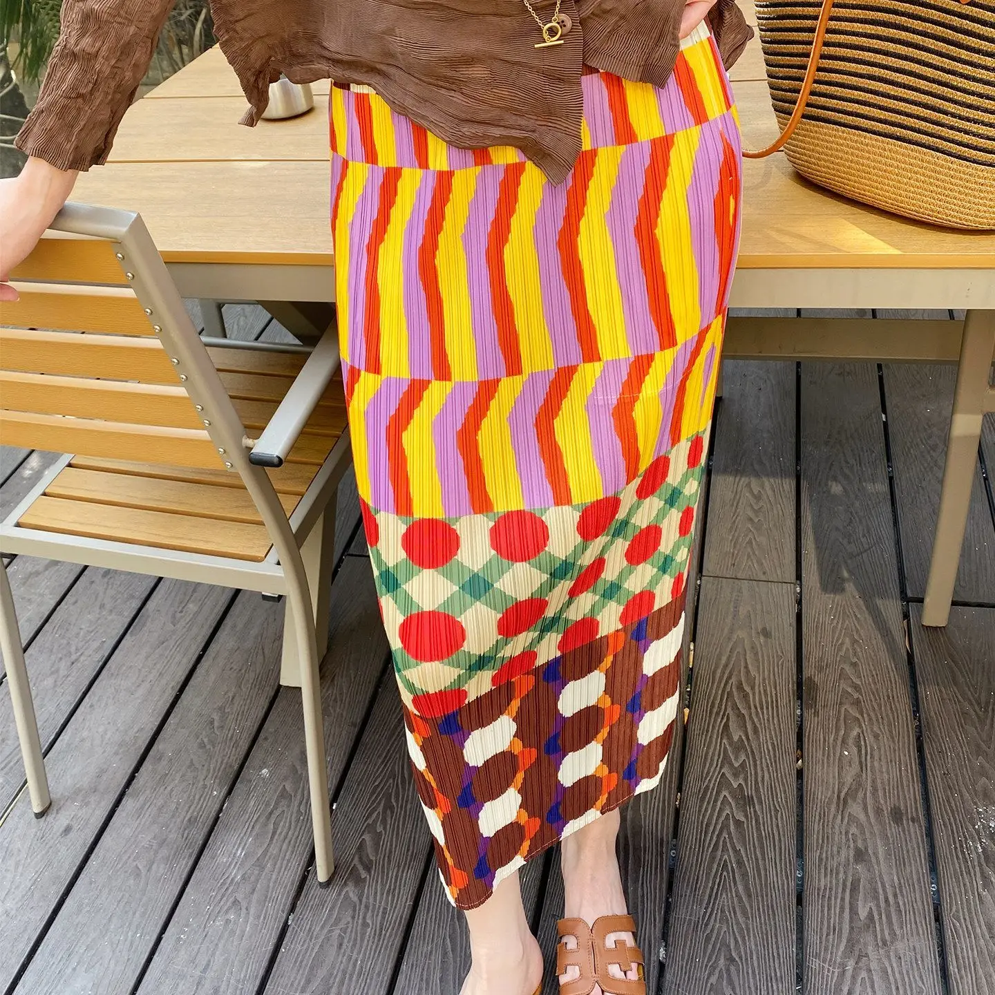 Spring and summer new skirt fashion vacation pop style print pleated skirt medium and long slim straight skirt