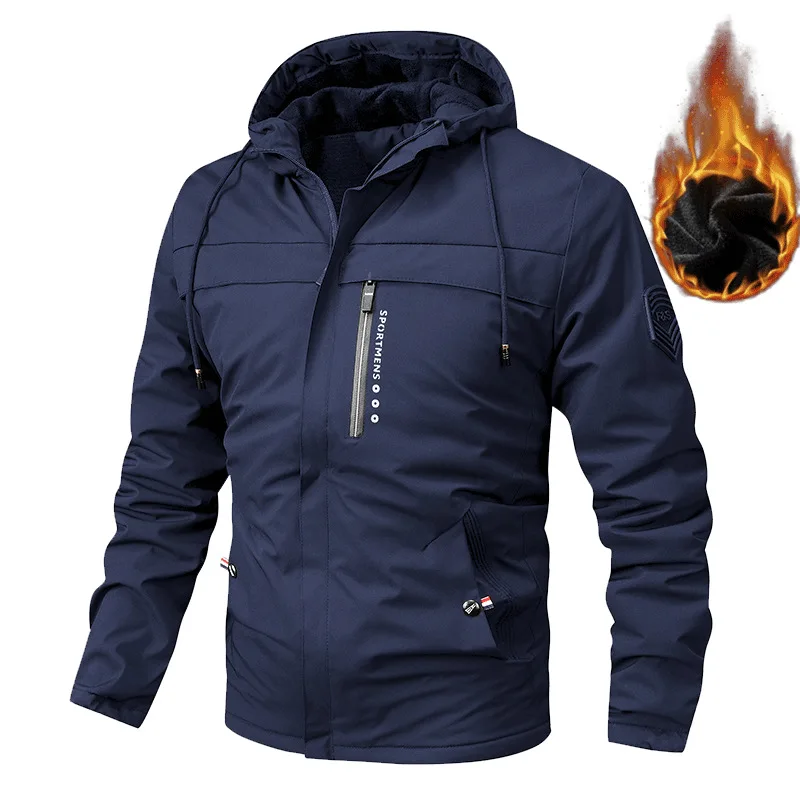

2025 Winter Plus Size Fleece Lined American Casual Hooded Jacket Outdoor Windproof Warm Sports Coat Men Padded Parka