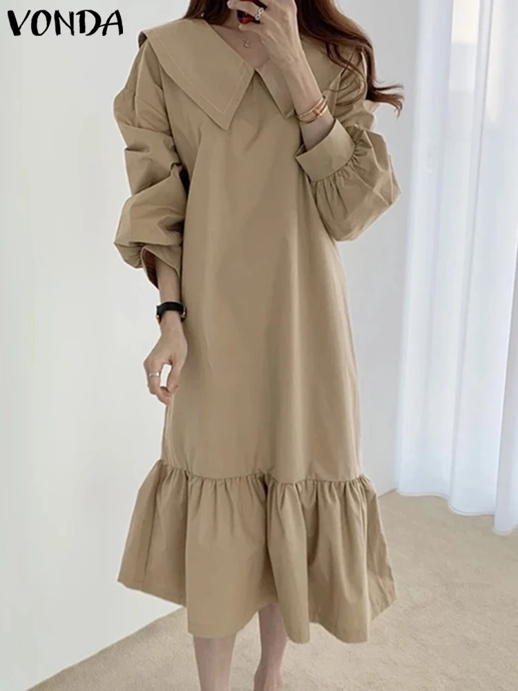 

VONDA Long Sleeve Dresses Women Peter Pan Collar Ruffled Midi Sundress 2025 Autumn Solid Color Casual Loose Oversized Vestidos
