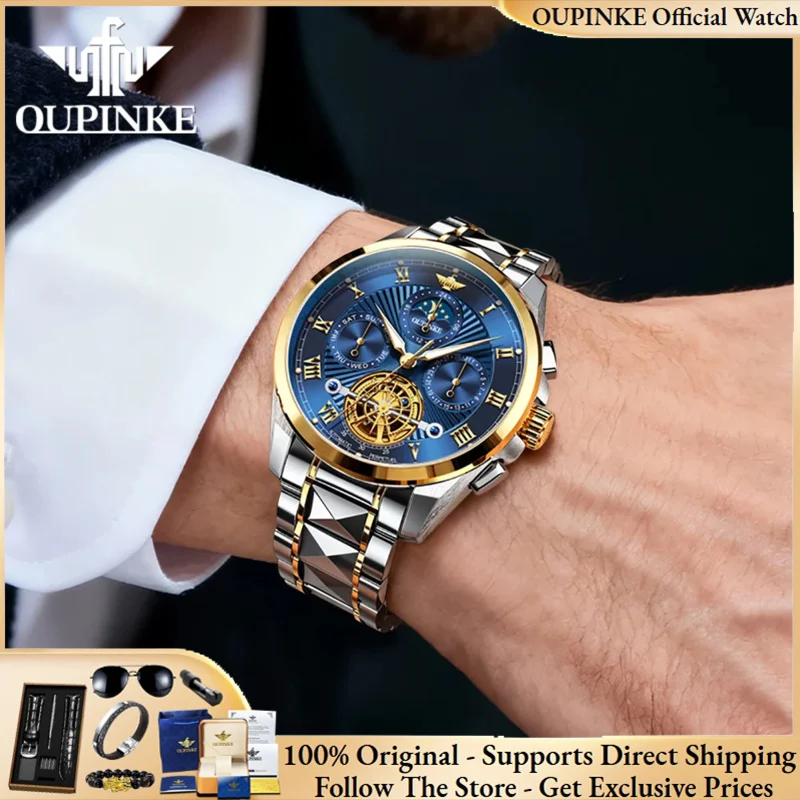 

OUPINKE 3322 Stainless steel watch moon phase with day calendar tourbillon movement men's mechanical watch